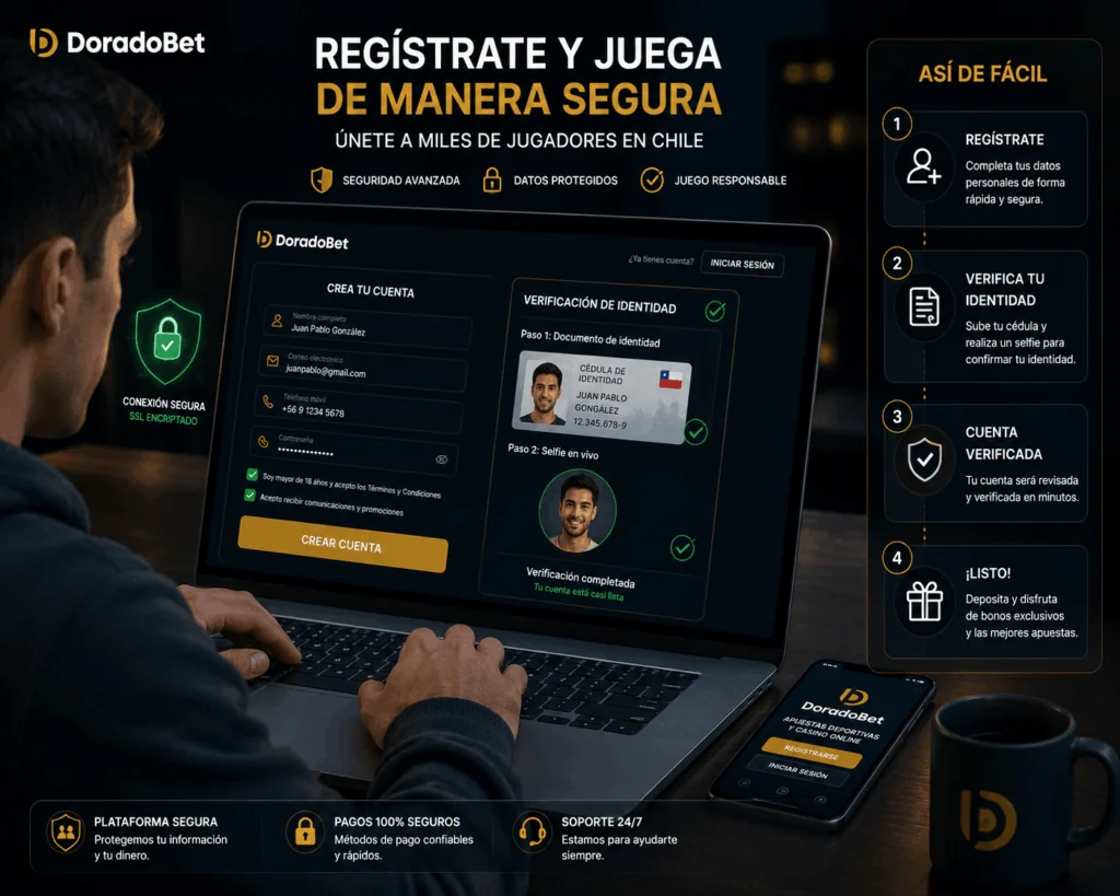 Usuario registrándose en Doradobet desde una laptop con verificación de identidad, protección digital y una interfaz moderna de apuestas online.