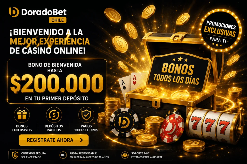 Banner promocional de Doradobet con bono de bienvenida, monedas doradas, fichas de casino y efectos luminosos que resaltan promociones exclusivas.