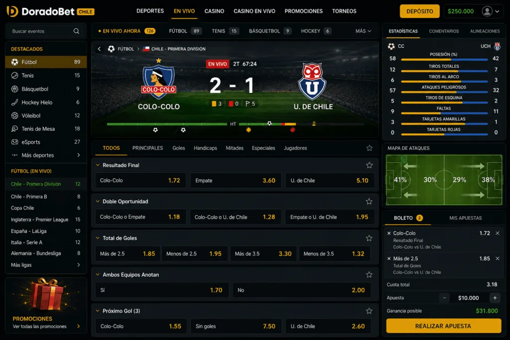 Plataforma de apuestas deportivas en vivo de Doradobet mostrando partidos de fútbol chileno, cuotas dinámicas y estadísticas en tiempo real.