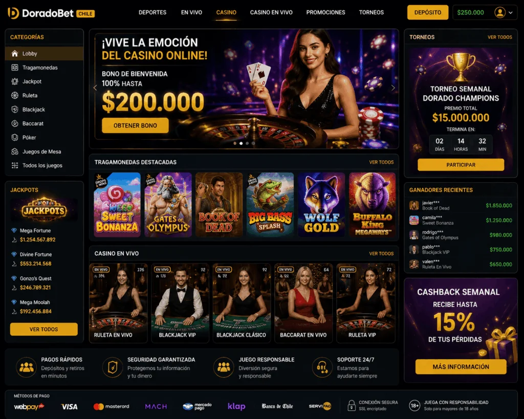 Casino online premium de Doradobet con tragamonedas, ruleta y mesas de blackjack en vivo en un entorno digital elegante y moderno.