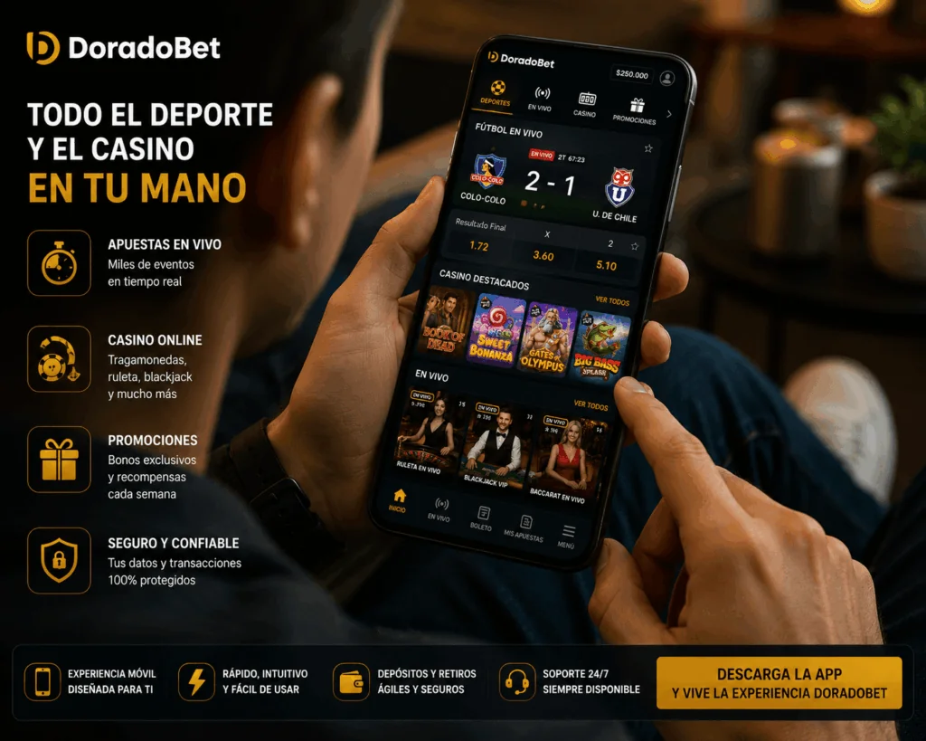 Persona utilizando la app móvil de Doradobet para apuestas deportivas y casino online desde un smartphone con experiencia fluida e intuitiva.