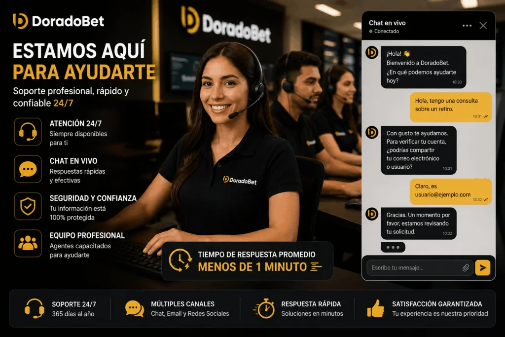 Equipo de soporte al cliente de Doradobet atendiendo consultas mediante chat en vivo y auriculares con atención rápida y confiable.