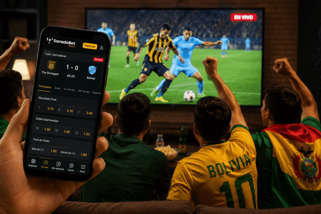 Apuestas deportivas en vivo de DoradoBet Bolivia durante un partido de fútbol con cuotas en tiempo real.