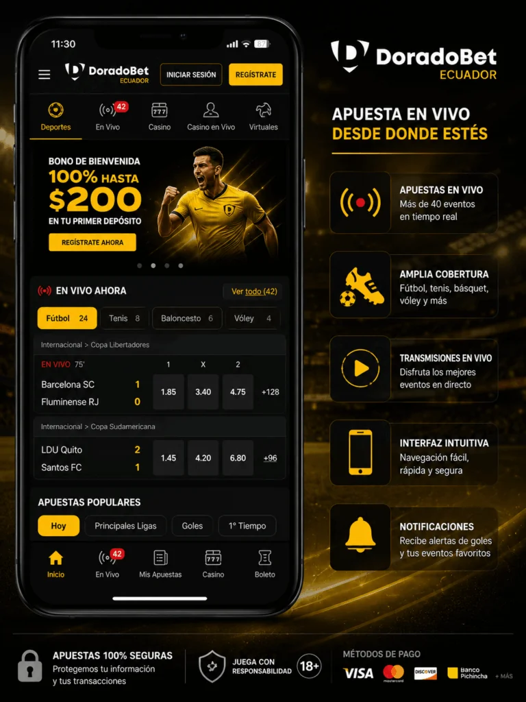 Aplicación móvil de DoradoBet Ecuador para realizar apuestas deportivas en vivo desde cualquier lugar.