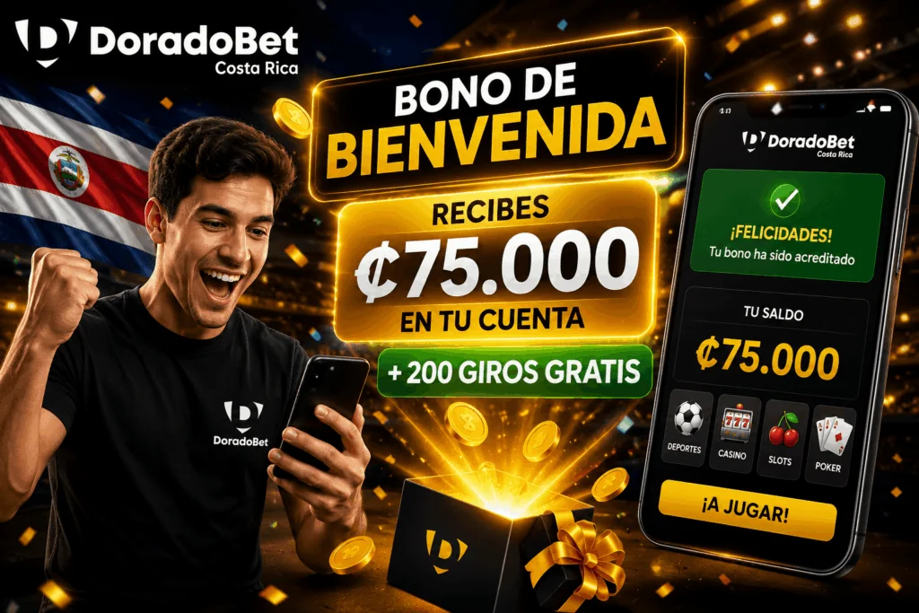 ono de bienvenida de DoradoBet Costa Rica con saldo promocional y giros gratis para nuevos jugadores.