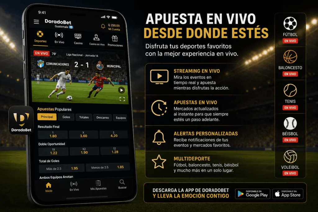 Plataforma móvil de DoradoBet Guatemala para disfrutar apuestas deportivas en vivo con seguimiento en tiempo real.