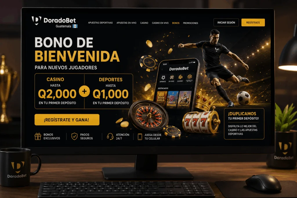 Bono de bienvenida de DoradoBet Guatemala con promociones para casino y apuestas deportivas.