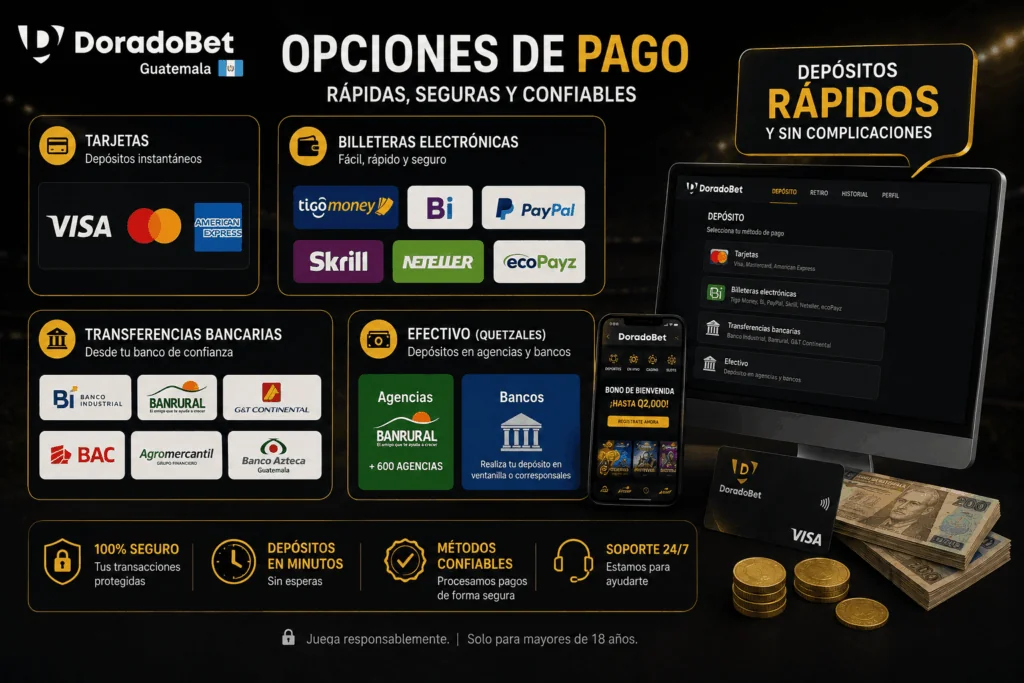 Opciones de pago disponibles en DoradoBet Guatemala para depósitos rápidos en quetzales y billeteras digitales.
