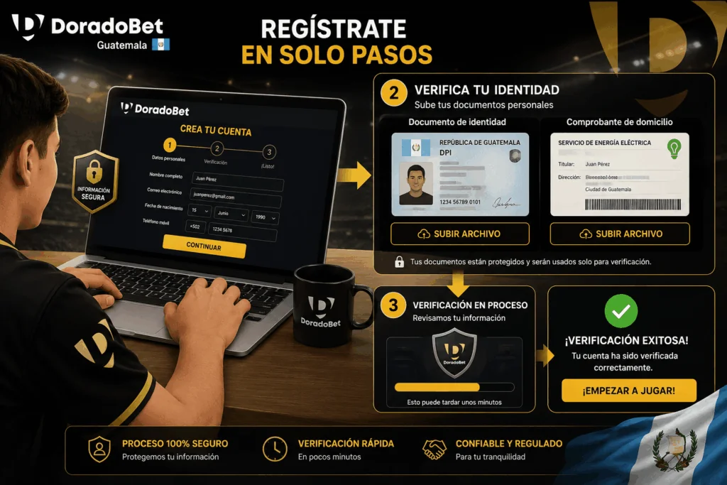 Verificación de cuenta en DoradoBet Guatemala con carga segura de documentos para activar el perfil.