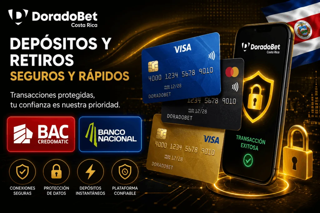 Depósitos y retiros seguros en DoradoBet Costa Rica mediante BAC, Banco Nacional y tarjetas bancarias.