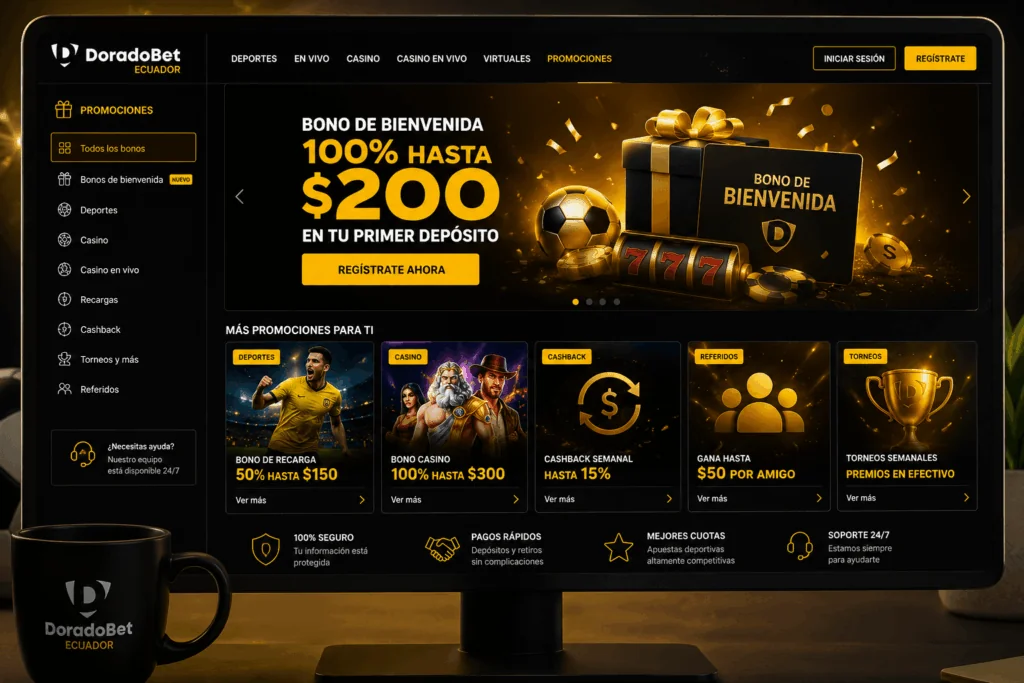 Centro de promociones de DoradoBet Ecuador con bonos de bienvenida, cashback y torneos exclusivos.