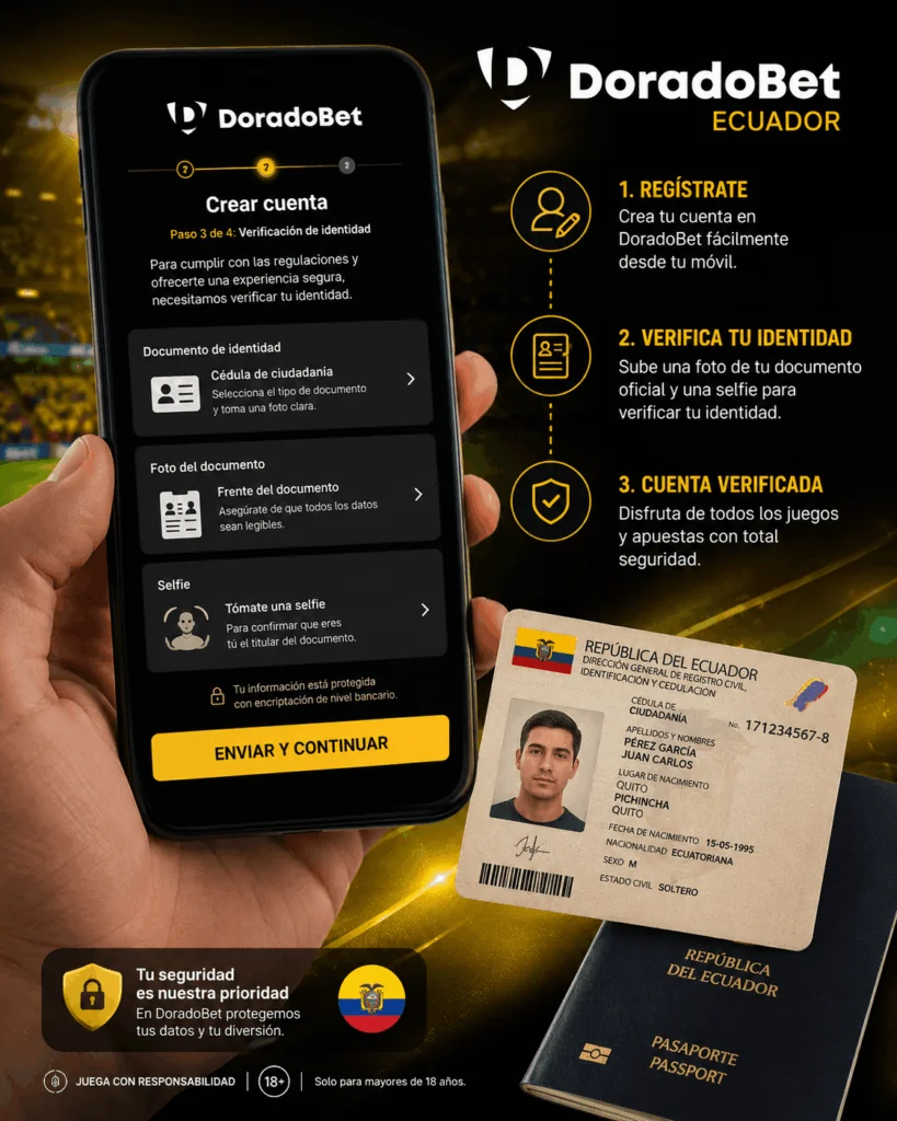 Proceso de verificación de identidad en DoradoBet Ecuador para completar el registro de forma segura.