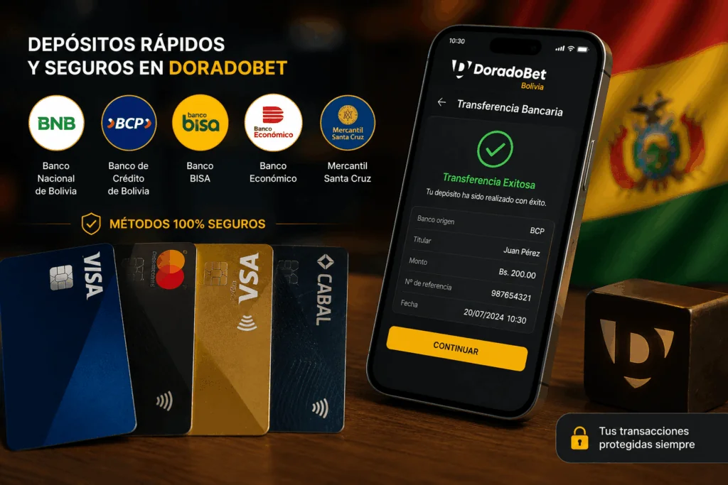 Métodos de depósito seguros de DoradoBet Bolivia con bancos locales y tarjetas bancarias.